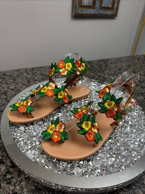 Floral Embroidered Sandals in Orange & Yellow EUC 8.5